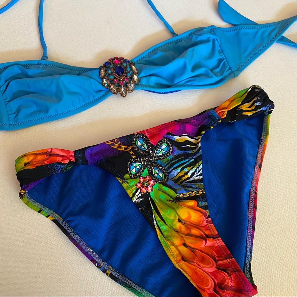 Apollo Swimwear Blue Colorful Bikini with Jewels on Top